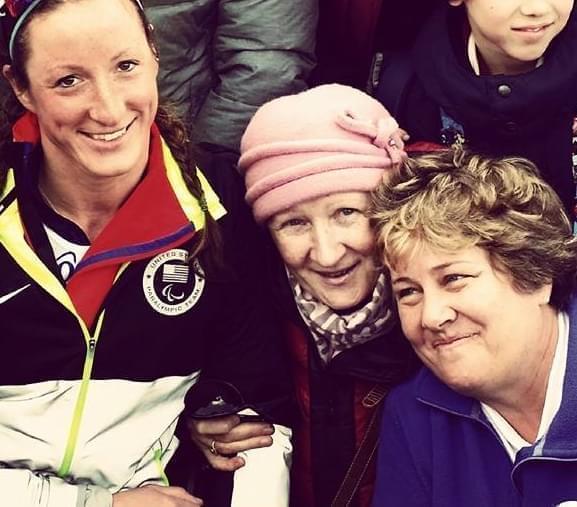 Tatyana McFadden with her Russian birth mother, Nina and birth mother, Deborah at the 2014 Winter Paralympic, Sunday, March 9, 2014, in Krasnaya Polyana, Russia.