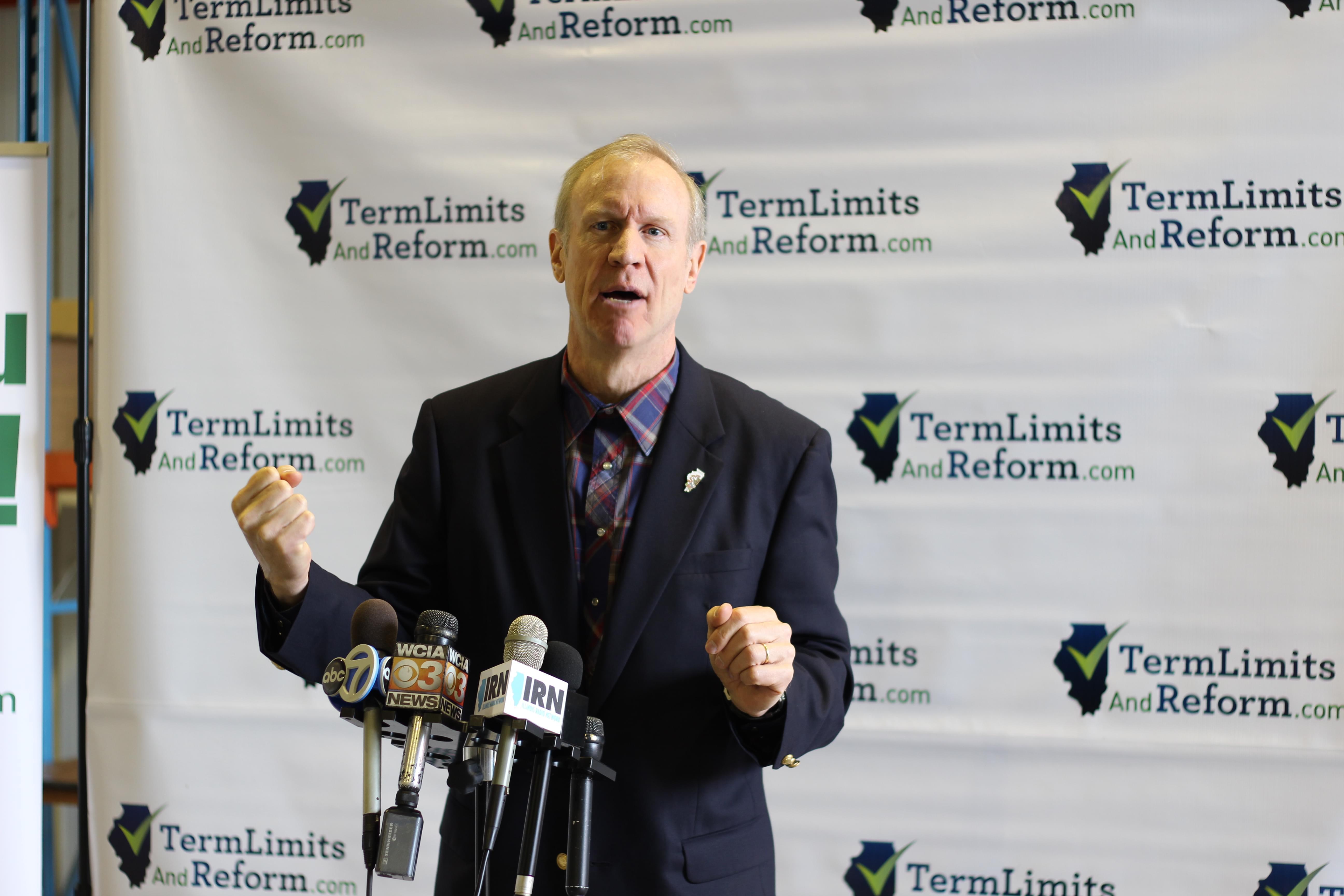 Republican gubernatorial candidate Bruce Rauner presents his term limit petition in Springfield on Wednesday.
