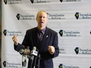 Republican gubernatorial candidate Bruce Rauner presents his term limit petition in Springfield on Wednesday.