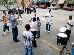 Drumming in the parking lot before the film screening