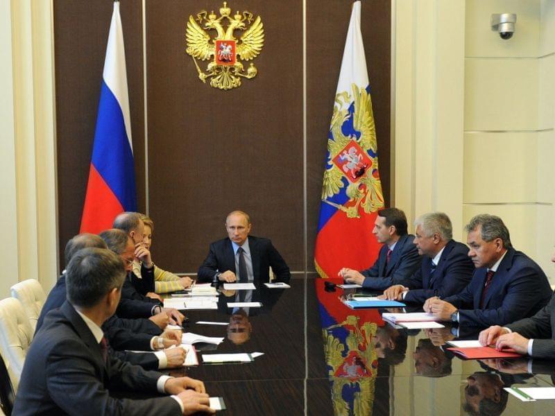 Russia's President Vladimir Putin chairs a Security Council meeting at the Bocharov Ruchei residence in Sochi, on Monday.