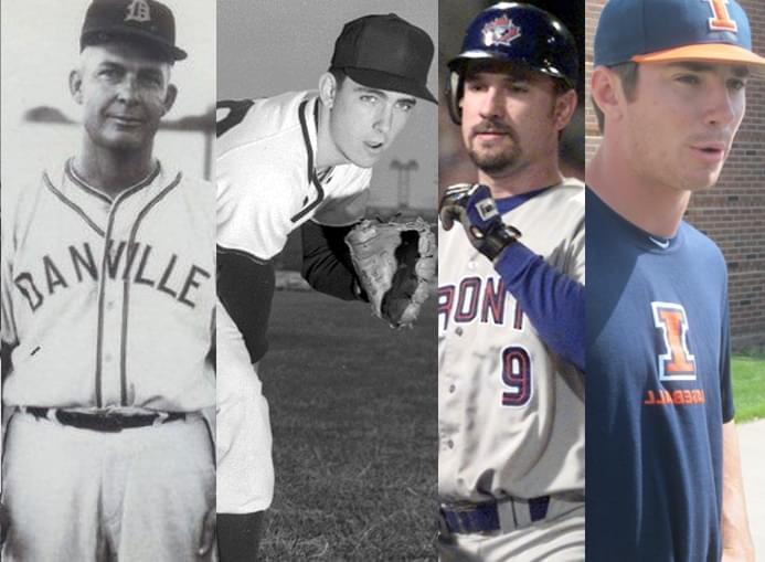 (l to r) Glenn (minor league pitcher coaching Danville Boosters in photo), Tom (minor league, major league pitcher, seen here pitching for the U of I), Darrin (former catcher with the U of I and 4 major league clubs), and Casey Fletcher (U of I.)