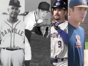 (l to r) Glenn (minor league pitcher coaching Danville Boosters in photo), Tom (minor league, major league pitcher, seen here pitching for the U of I), Darrin (former catcher with the U of I and 4 major league clubs), and Casey Fletcher (U of I.)