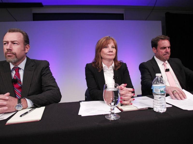 General Motors Chief Executive Officer Mary Barra (center), Executive Vice President Mark Reuss (right) and President Dan Ammann discuss a review of the company's handling of a recall for a deadly ignition switch problem.