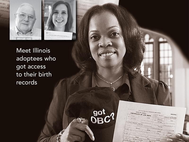Photo of 3 Illinois adoptees holding their original birth certificates