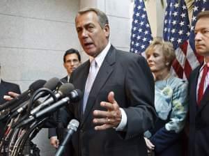 House Speaker John Boehner, R-Ohio, and other party leaders, meet with reporters following a GOP strategy session on Capitol Hill in Washington, Thursday, May 31, 2012. From right to left are Chief Deputy Whip Peter Roskam, R-Ill., Rep. Kay Granger, 