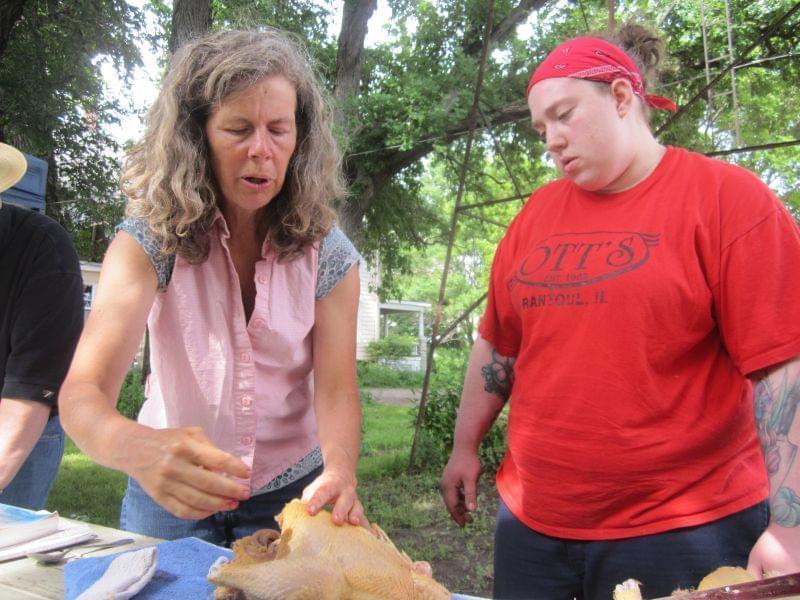 Farmer Kate Potter shows Chef Terrah King how to gut a chicken during Chef Camp on June 8, 2014 in Livingston County, Ill.
