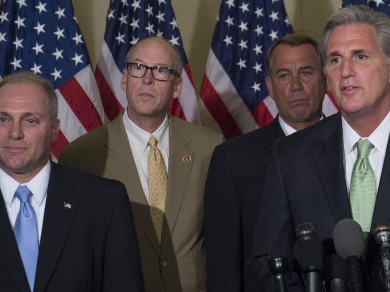 Newly elected House GOP Majority Leader Kevin McCarthy (right) and Whip Steve Scalise (left), hold a press conference following Republican leadership elections on Capitol Hill Thursday.