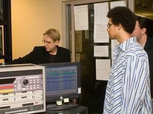 Kimberlie and brian in tv master control room at W.I.L.L.