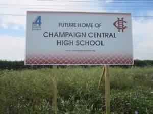 A sign in a field on Olympian Drive announces the site as the future home of Champaign Central High School