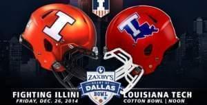 Logo for the 2014 Heart of Dallas Bowl, featuring the Fighting Illini and Louisiana Tech Bulldog helmets.