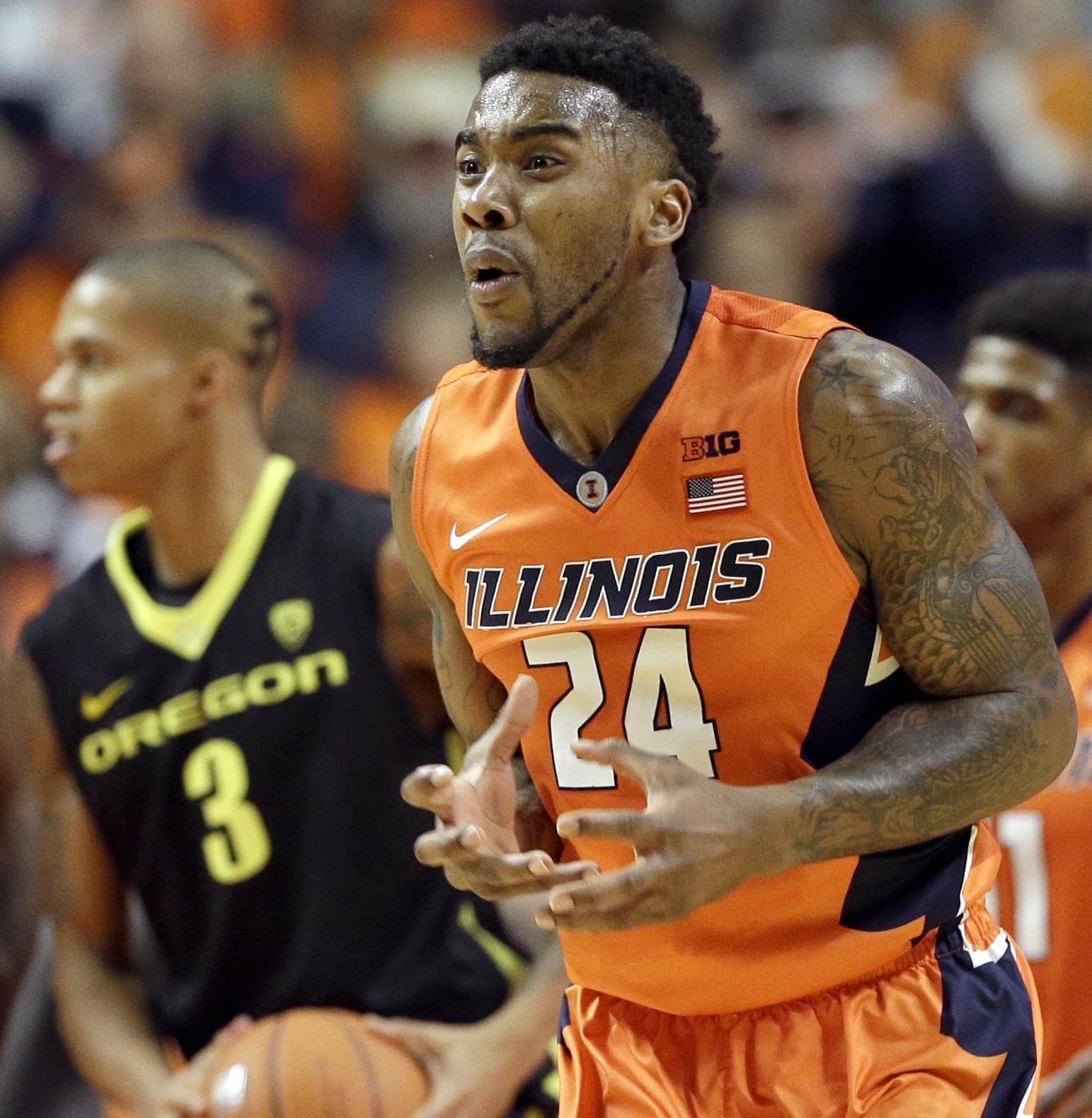 Illinois guard Rayvonte Rice reacts after he fouled Oregon guard Joseph Young