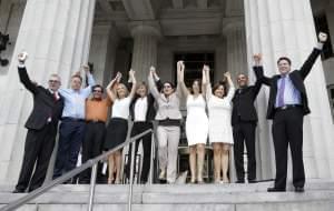 Same-sex couples celebrate on the courthouse steps in Miami-Dade County
