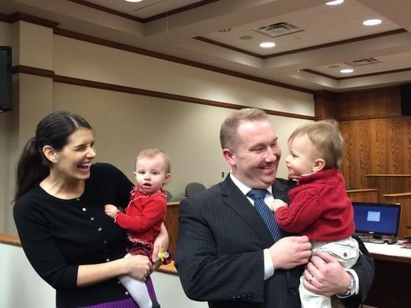 New State Sen. Scott Bennett poses with his family in the Champaign County Courthouse on Monday