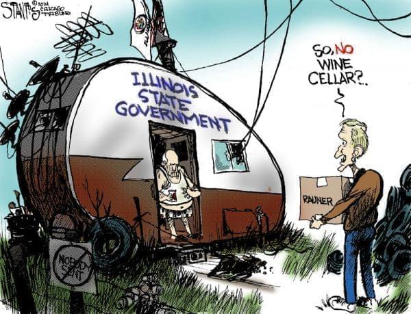 Satirical portrayal of Governor Bruce Rauner moving into the Governor's mansion by Political Cartoonist, Scott Stantis