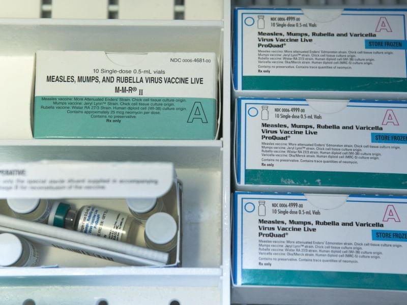 Boxes of the measles, mumps and rubella virus vaccine (MMR) and measles, mumps, rubella and varicella vaccine.