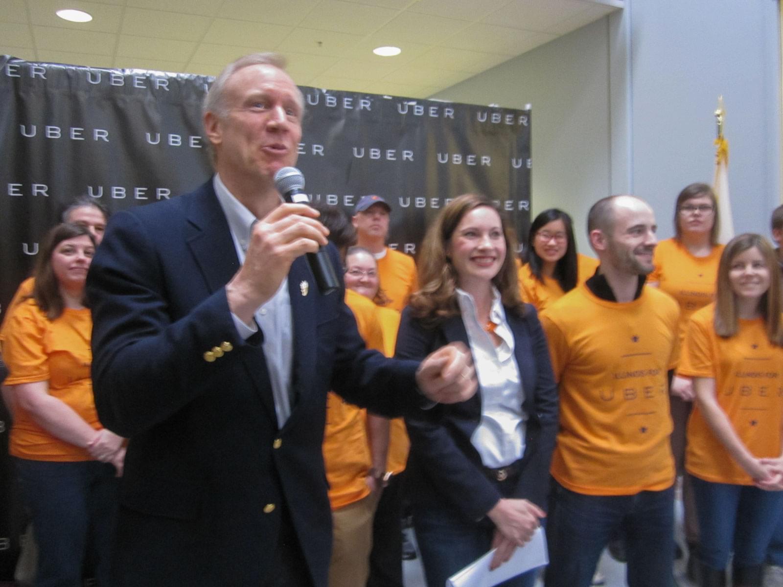 Governor Bruce Rauner as part of the launch of Uber in Champaign-Urbana at EnterpriseWorks in Champaign Sunday.