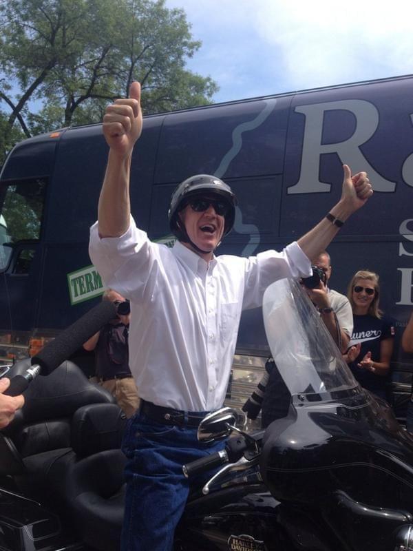 Bruce Rauner rolls into Republican Day at the 2014 Illinois State Fair on his Harley. Rauner says he loves the outdoors: ridin' his motorcycle, huntin' and fishin'...but others wonder if the governor is fakin' his 'common man