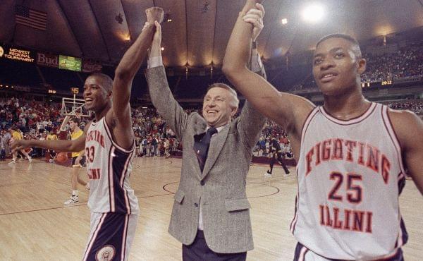 Coach Lou Henson with Nick Anderson and Kenny Battle after the 83-69 win over Louisville
