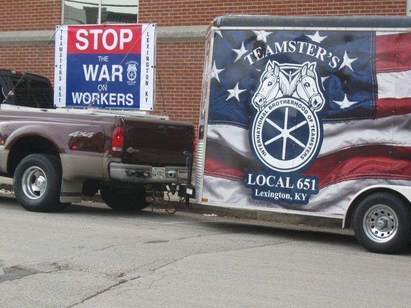 A teamsters truck is parked outside the Warren County, Kentucky courthouse when right to work ordinance was approved,