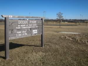 Entrance sign to Dodds Park, near the baseball fields.