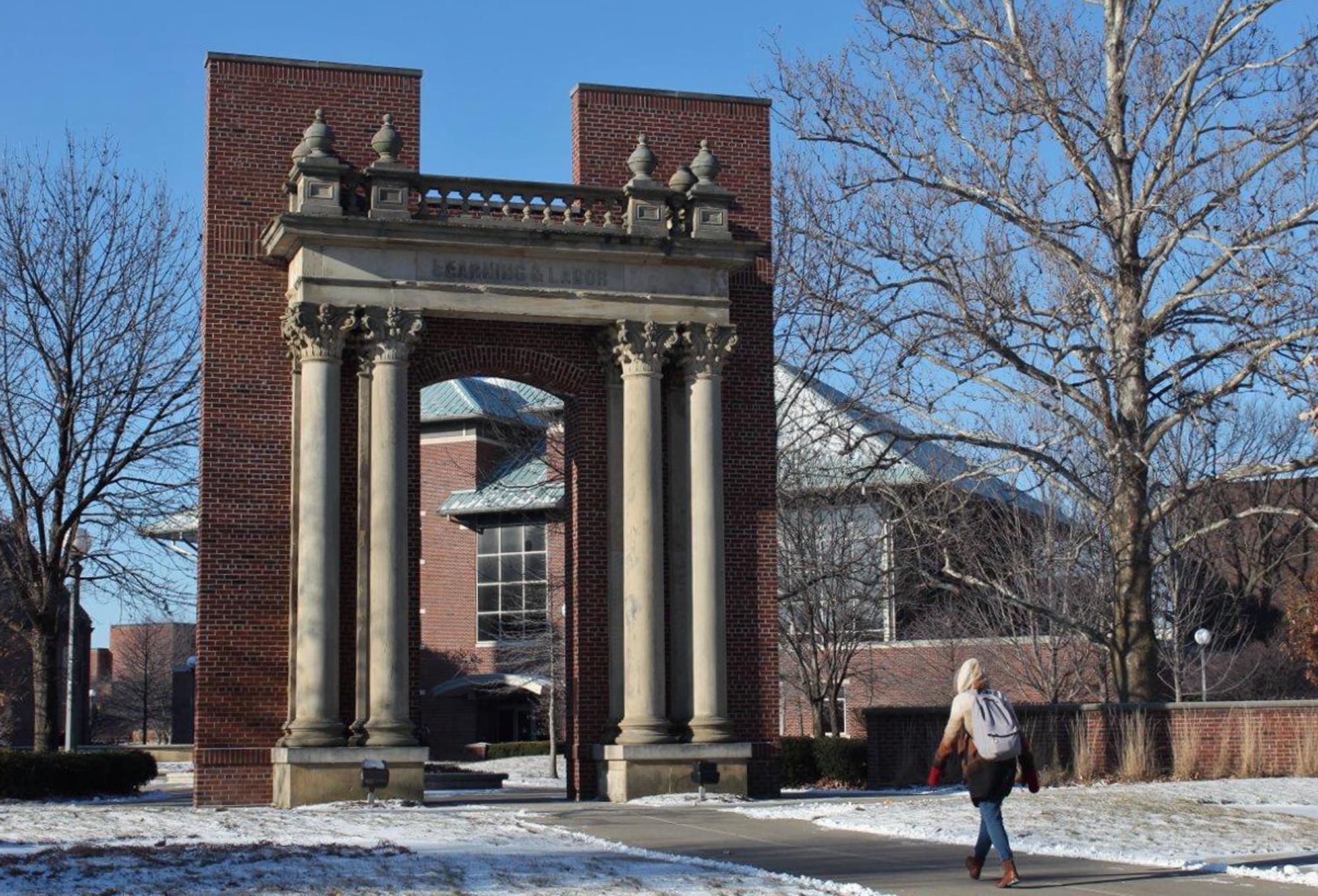 A woman walks on the U of I campus in Urbana in a February 19th photo.