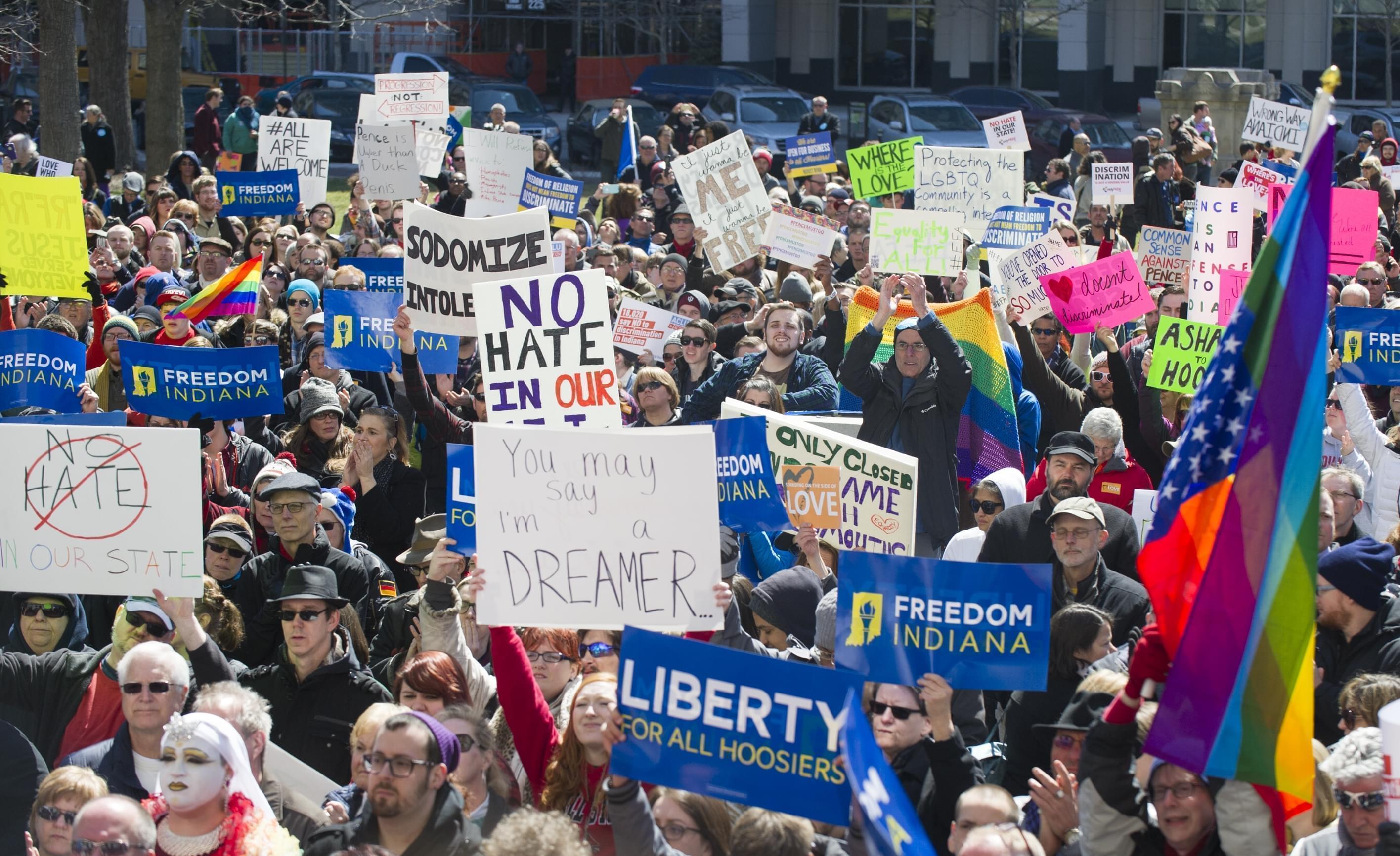 Thousands of opponents of the Religious Freedom Restoration Act, gathered on the lawn of the Indiana State