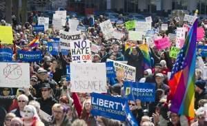 Thousands of opponents of the Religious Freedom Restoration Act, gathered on the lawn of the Indiana State 
