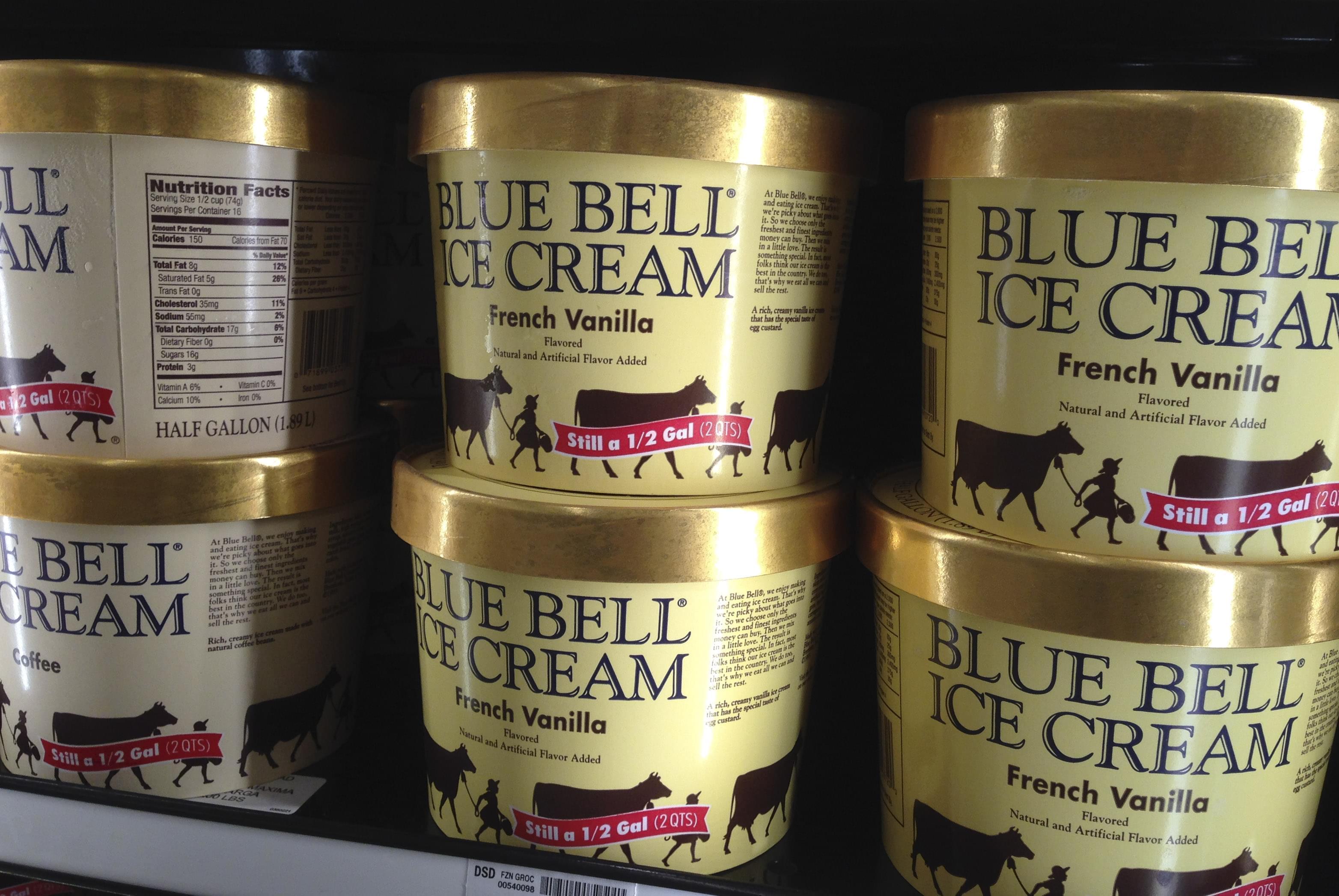 Blue Bell ice cream stands for sale on a grocery store shelf in Lawrence, Kan., Friday, April 10, 2015. 