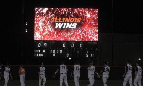 Scoreboard at Illinois Field after last Friday's 5-1 win over Indiana.