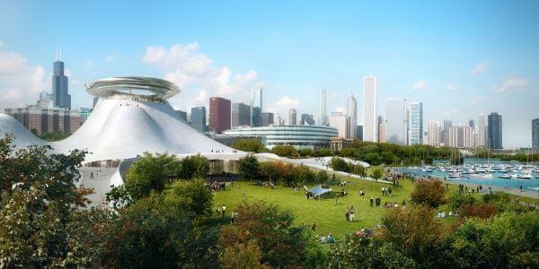 An architectural rendering of the proposed Lucas Museum of Narrative Art, which may be built on Chicago's lakefront.