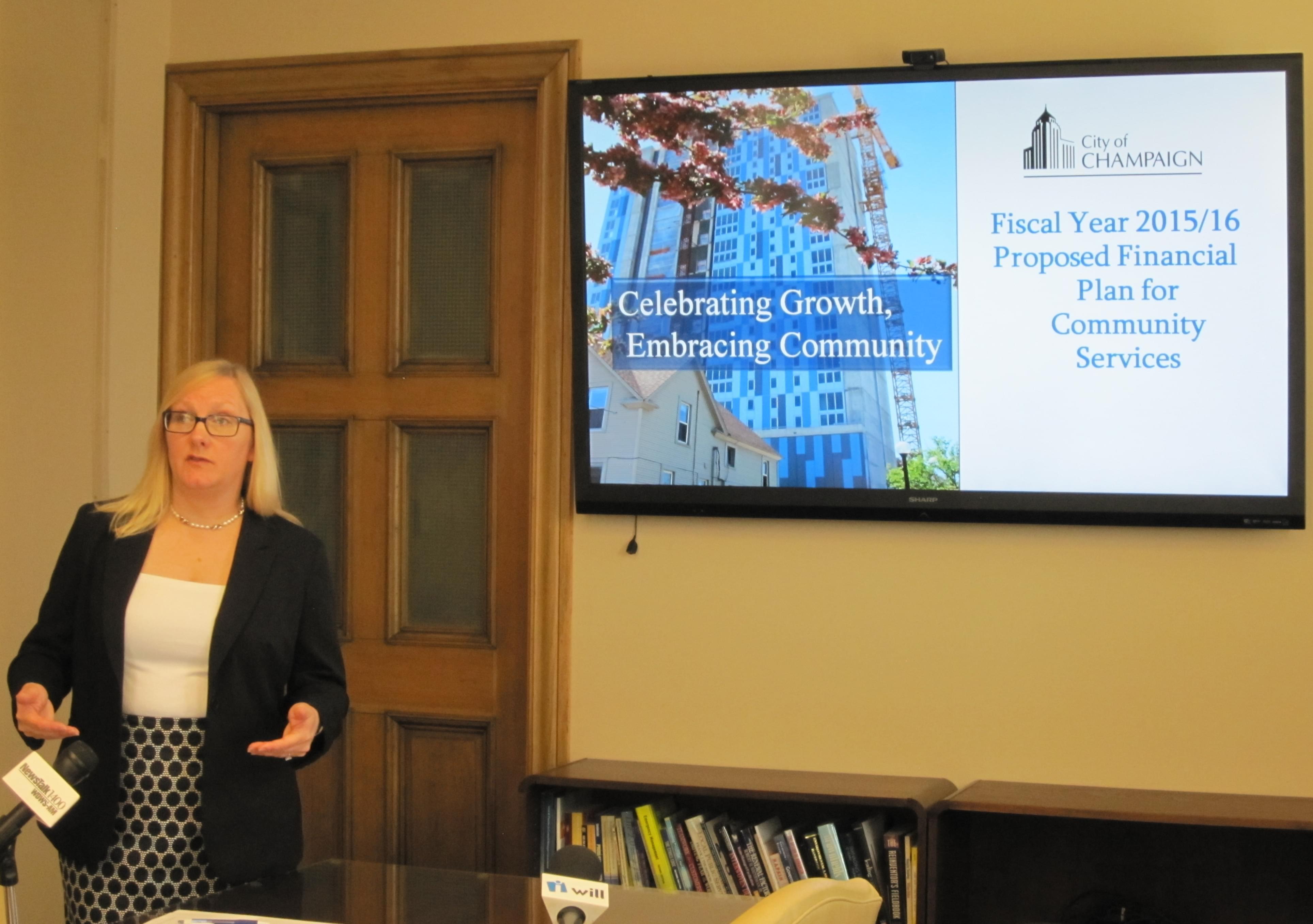 Champaign City Manager Dorothy Davis runs through the proposed 2015-16 financial plan at the city building Tuesday.