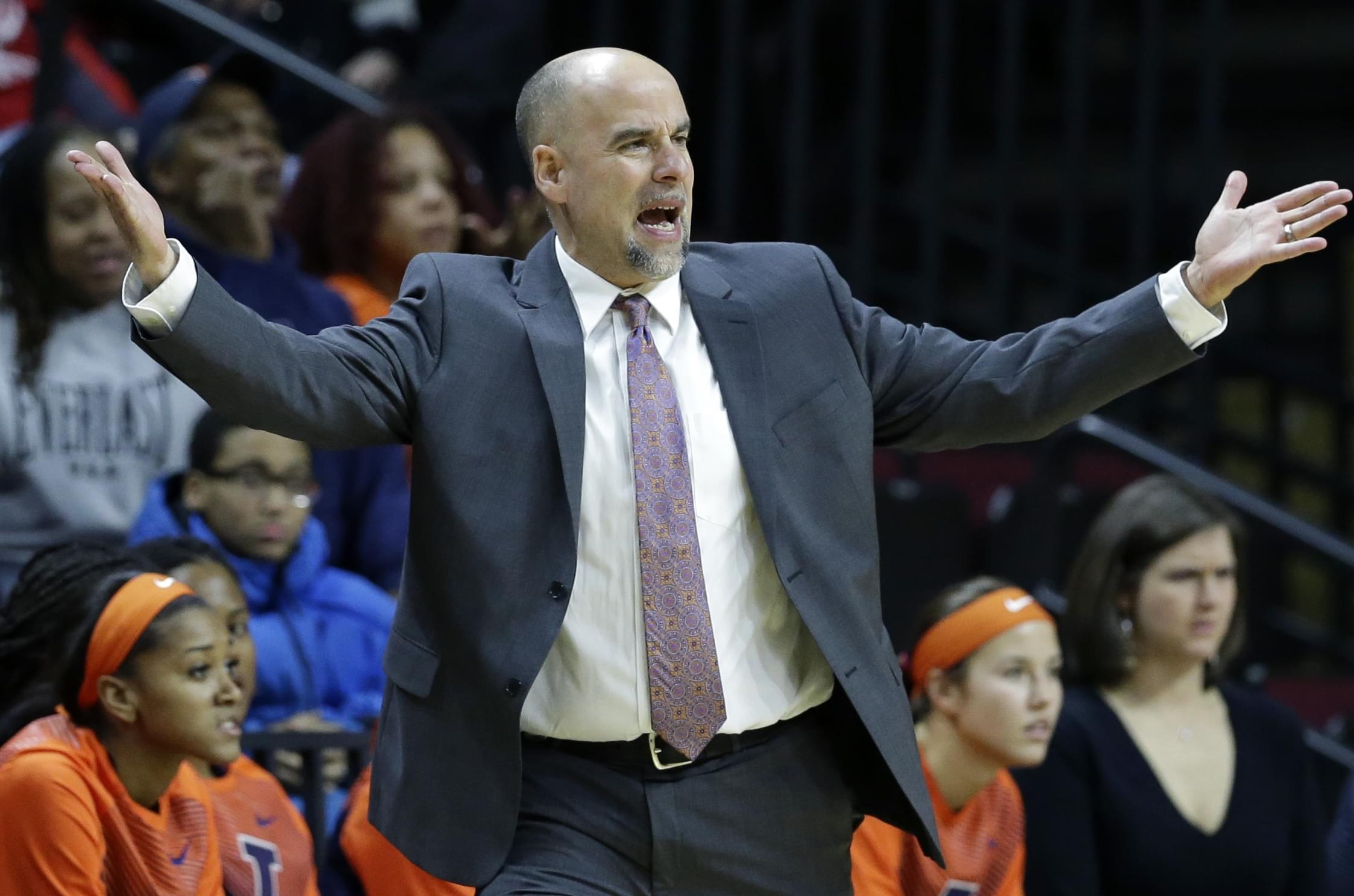 Illinois head coach Matt Bollant reacts to a call against Rutgers on Tuesday, February 17 in Piscataway, N.J.