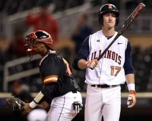 Illinois infielder Matthew James reacts to striking out against Maryland closing pitcher Kevin Mooney in Illinois'  second-round NCAA Big Ten tournament loss Thursday in Minneapolis. Maryland won 2-1. 