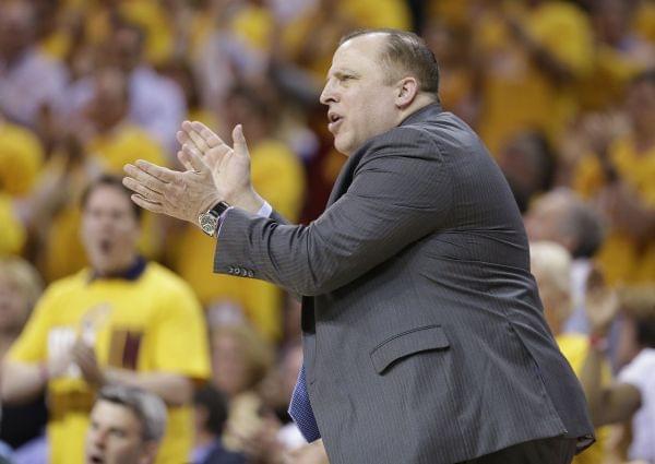 Former Chicago Bulls head coach Tom Thibodeau encourages his players during the second half of Game 1 against the Cleveland Cavaliers in a second-round NBA basketball playoff series Monday, May 4, 2015, in Cleveland.
