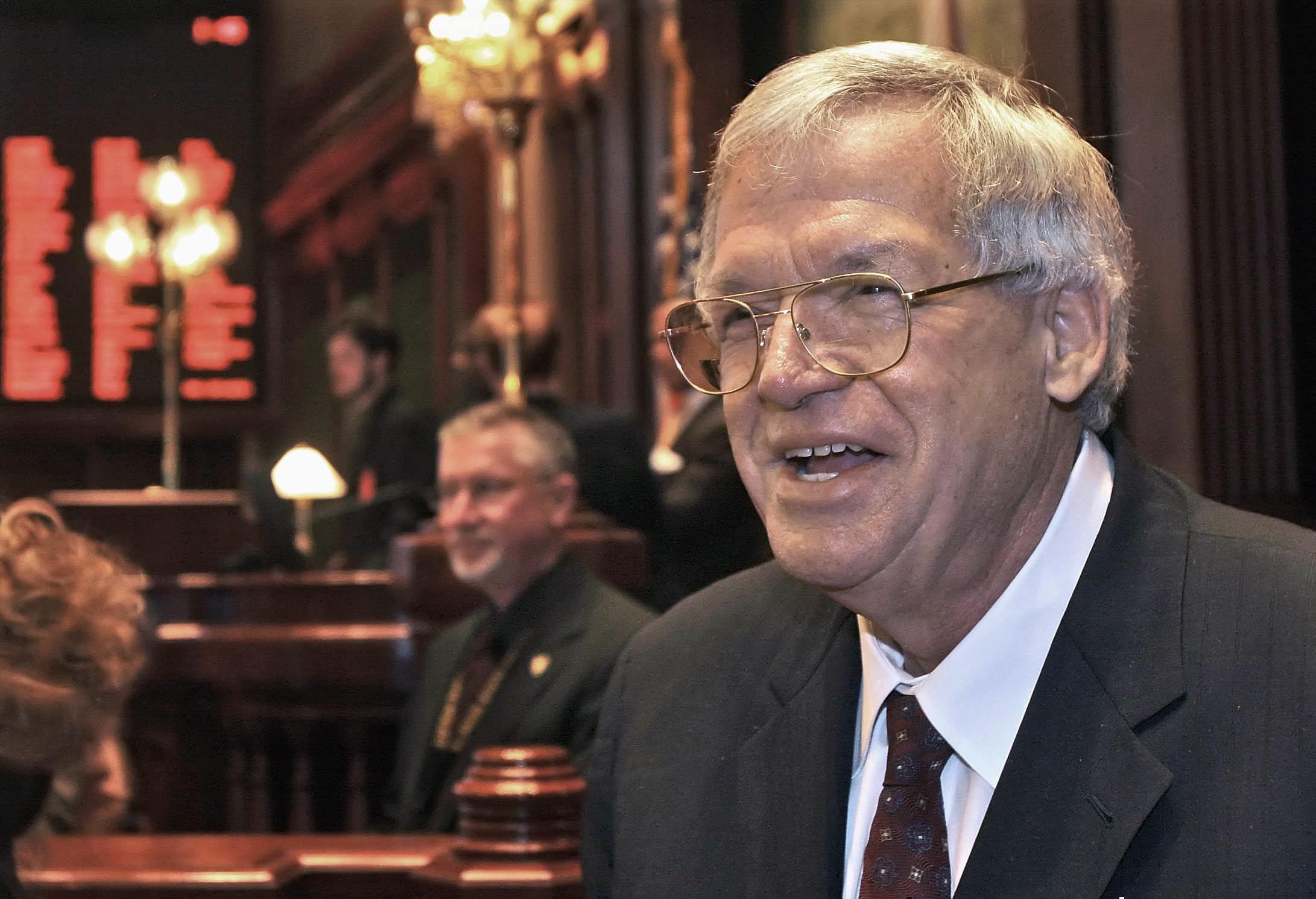 A March 5. 2008 file photo shows former U.S. House Speaker Dennis Hastert visiting the Illinois House of Representatives floor at the state Capitol in Springfield,