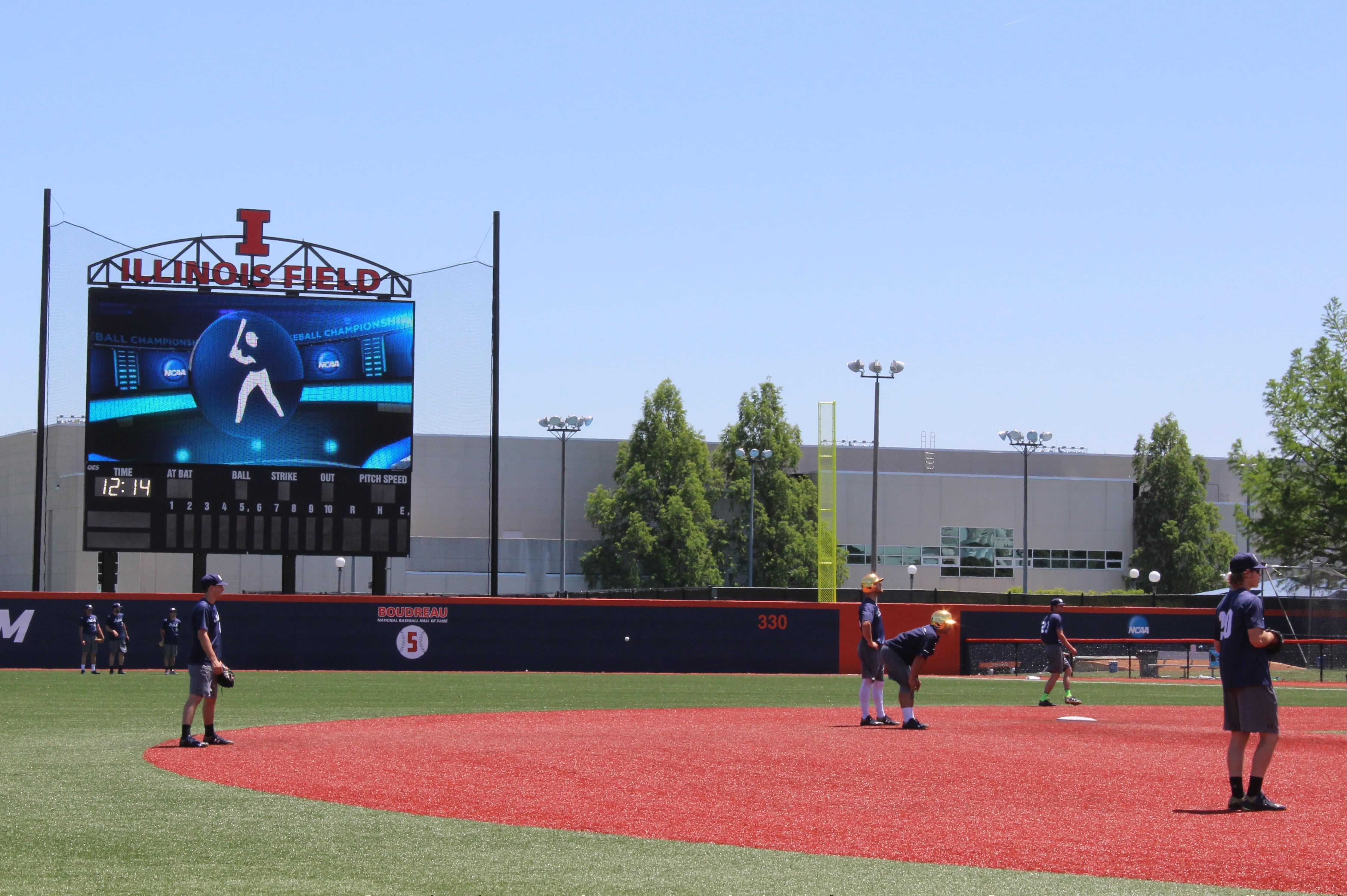 The Notre Dame baseball team practices at Illinois Field in Champaign Thursday.  The stadium's first-ever NCAA Regional begins Friday.