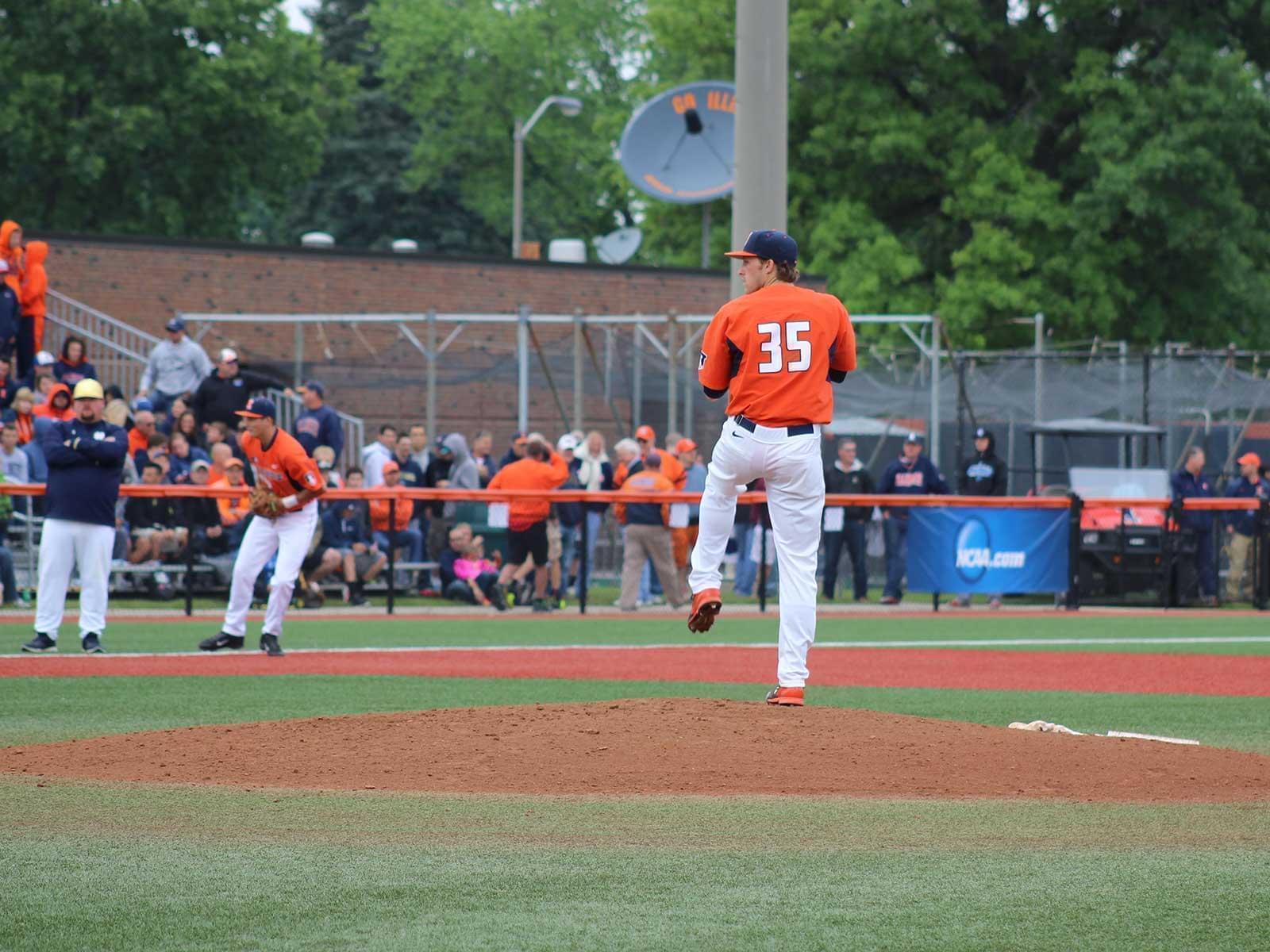 Illinois pitcher Drasen Johnson delivers in Sunday's 3-0 win over Notre Dame. They'll take on Wright State for the NCAA regional title game Monday.