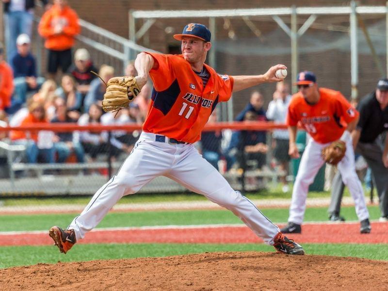Illini relief pitcher Tyler Jay delivers during Monday's 8-4 defeat of Wright State at Illinois Field.  Jay pitched four scoreless innings in his only appearance of the NCAA regional.