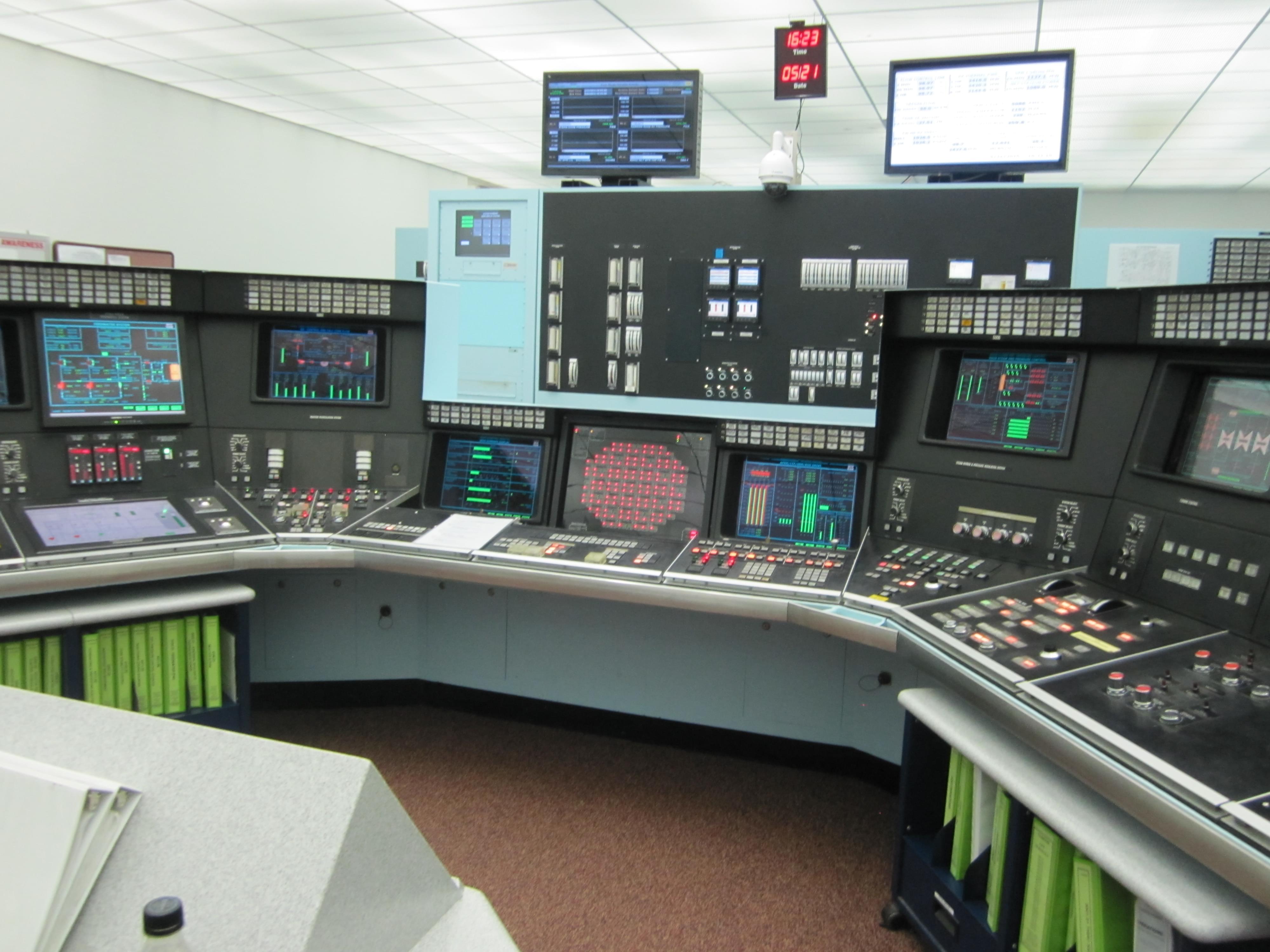 A view of one of the control consoles at the training center of the Exelon Clinton nuclear power station in DeWitt County.