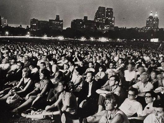 A crowd of people at an outdoor concert