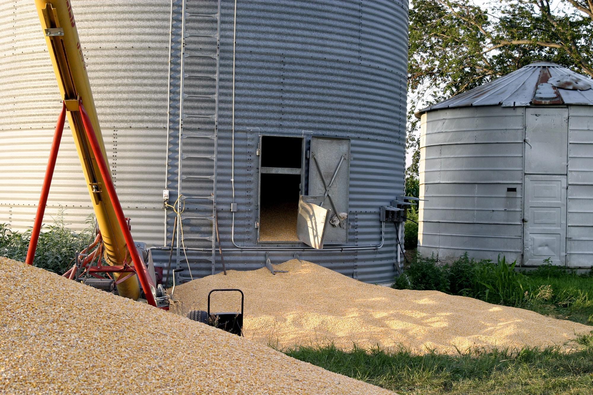 The door on a grain bin remains open following an accident in Story County, Iowa on July 11, 2005, which killed a 72-year-old Nevada, Iowa man after he and two others were loading a semitrailer with grain.