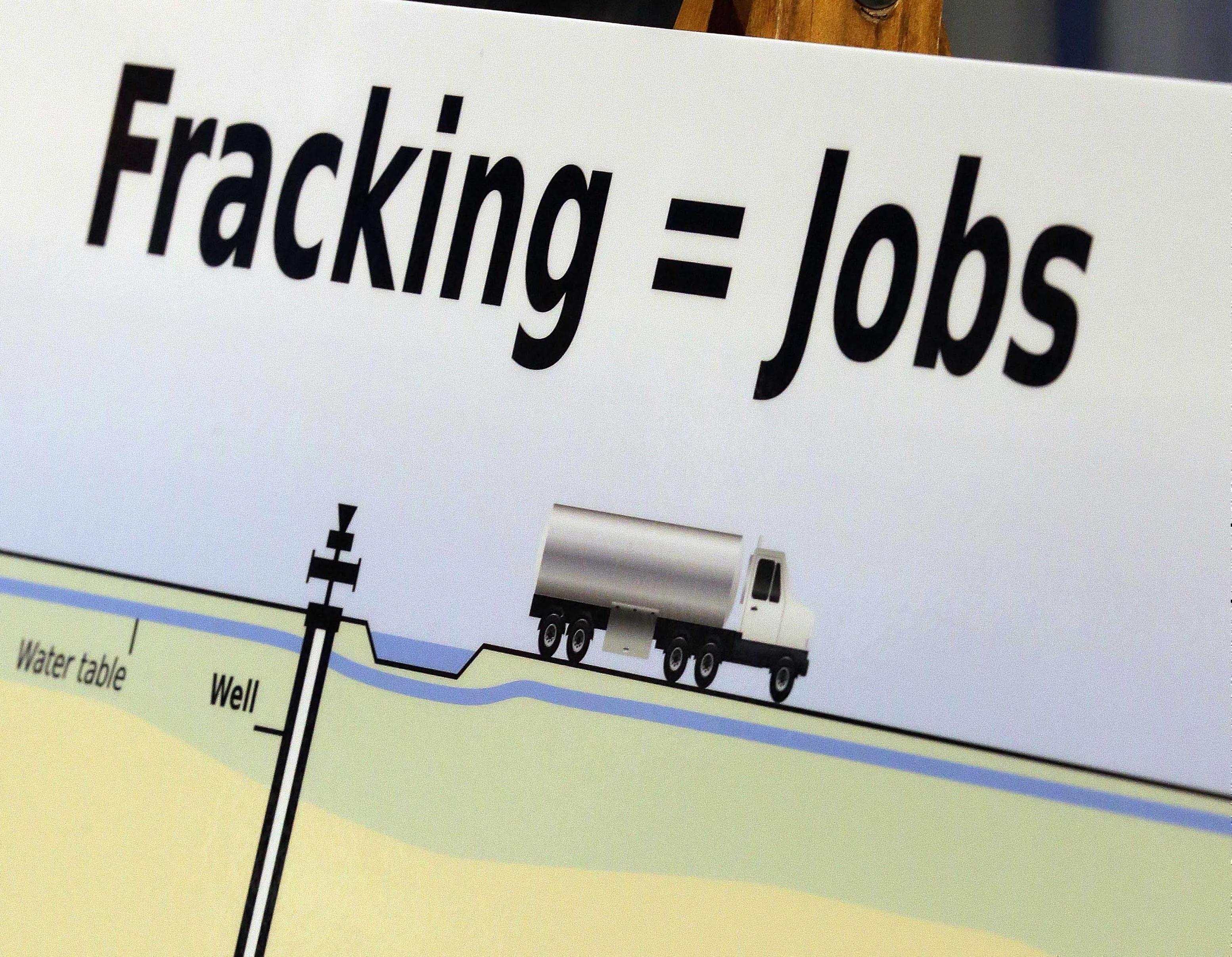 In this April 30, 2013 file photo, a poster projecting job and economic growth related to "fracking" is used by lawmakers at the state Capitol in Springfield.