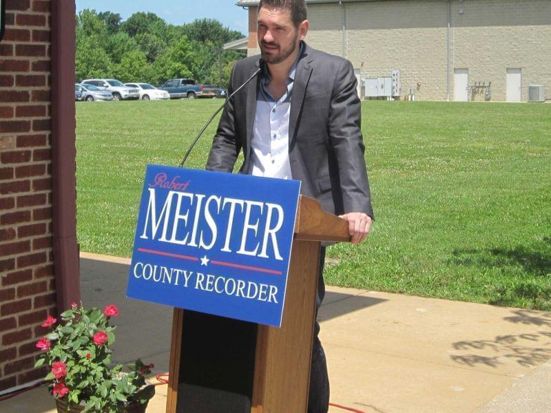 Rob Meister of Champaign announces his candidacy for county recorder outside his restaurant, Minneci's, in Champaign Tuesday.