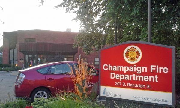 A sign in front of a Champaign Fire Department station in downtown Champaign.