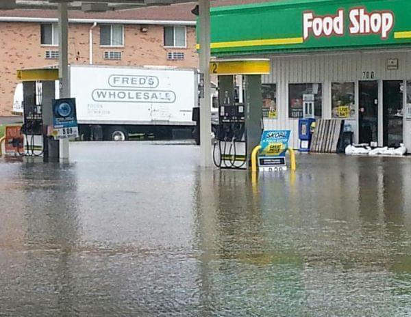 Flooding conditions around a gas station in Watseka in a picture taken on Monday