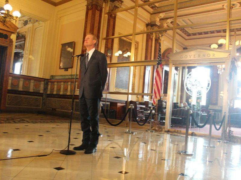 Gov. Bruce Rauner holds a press conference in early July, as Illinois began the new fiscal year without a budget.
