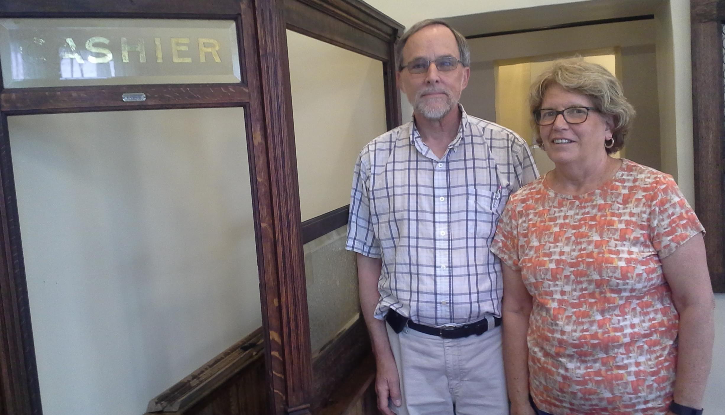 Rick Moss and Janet Moss at the Farmers and Merchants Bank Museum in Bismarck, Illinois.