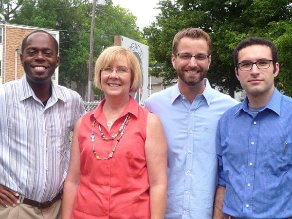 Doug Williams, Rev. Cindy Shepherd and Brian Sauder with Pastor Michael Crosby of the First Mennonite Church