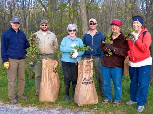 Garlic Mustard Hunt participants, left to right: John McWilliams, Nathan Hudson, Eileen Borgia, Mike Daab, Cindy Strehlow, Susan Campbell.; at Homer Lake Forest Preserve